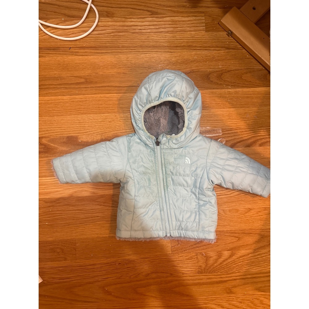 The North Face Infant 0-3M Light Blue‎ Fleece Lined Hooded Puffer Jacket Quilted